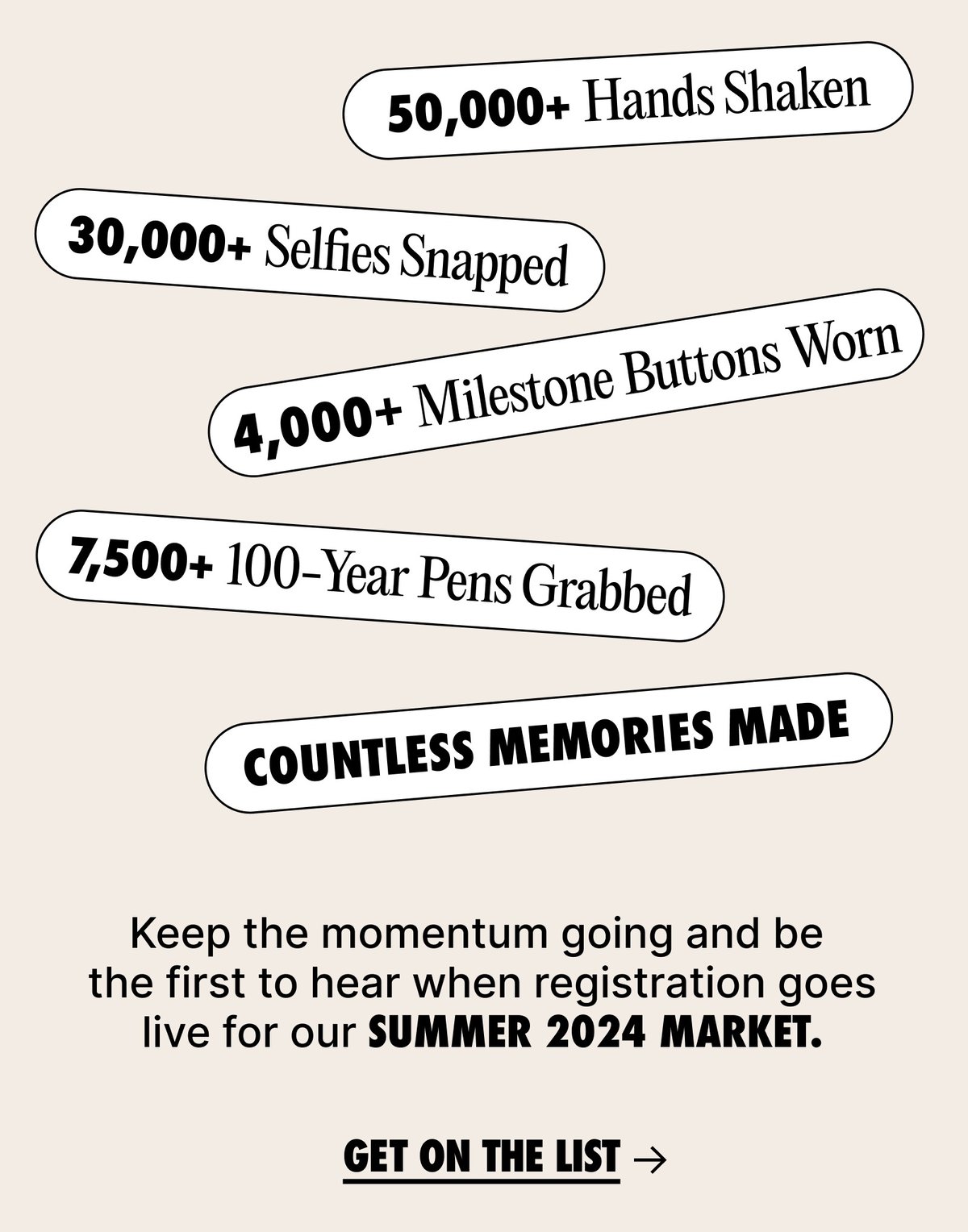 50,000 hands shaken, 30,000 selfies snapped, 4,000 milestone buttons worn, 7,500 pens grabbed, countless memories made