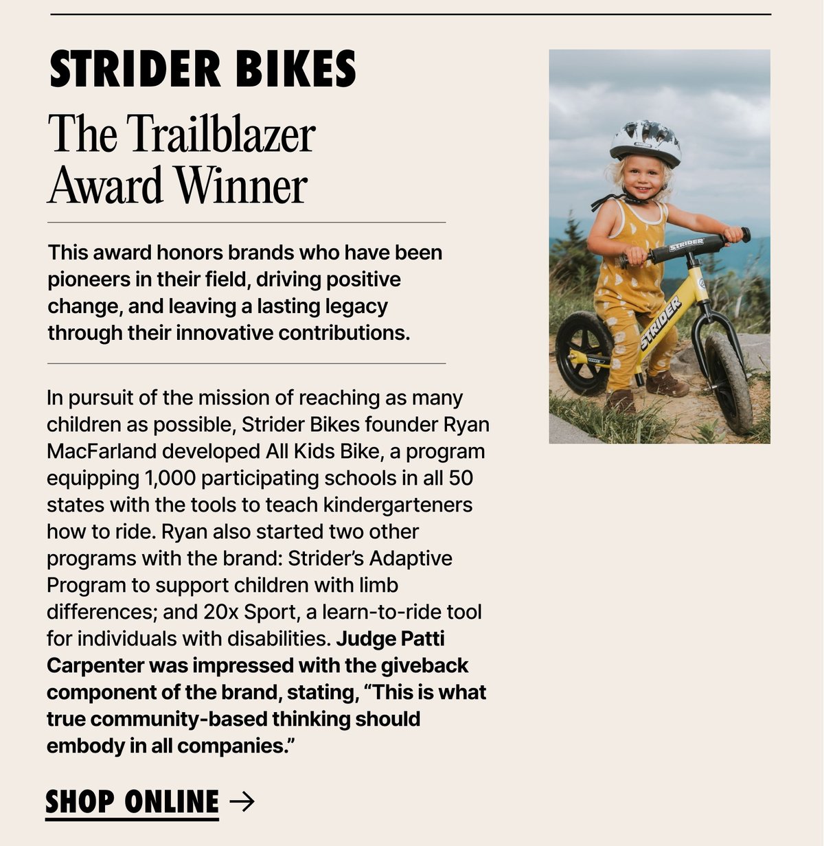 The Trailblazer Award Winner: Strider Bikes
